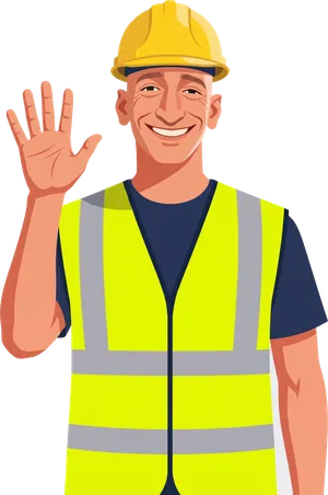 Niall in a hard hat and hi-vis vest, smiling and waving